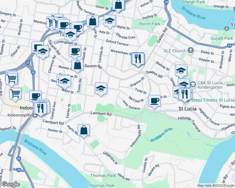 map of restaurants, bars, coffee shops, grocery stores, and more near 7 Magor Street in Taringa