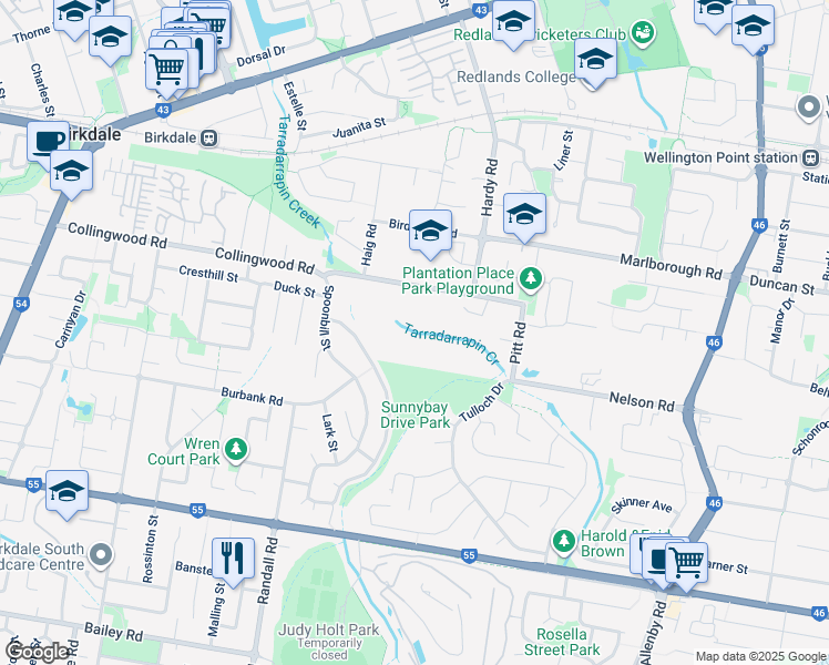 map of restaurants, bars, coffee shops, grocery stores, and more near 113-161 Collingwood Road in Birkdale