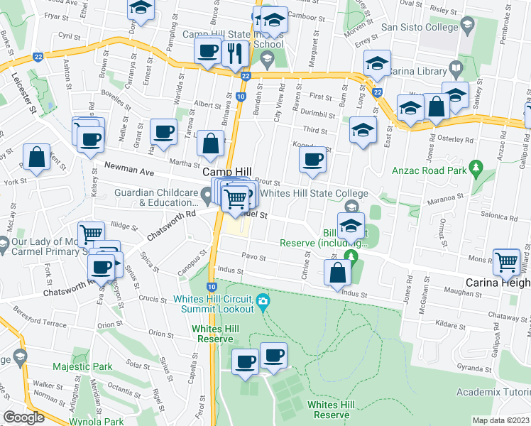 map of restaurants, bars, coffee shops, grocery stores, and more near 27B Gotha Street in Camp Hill