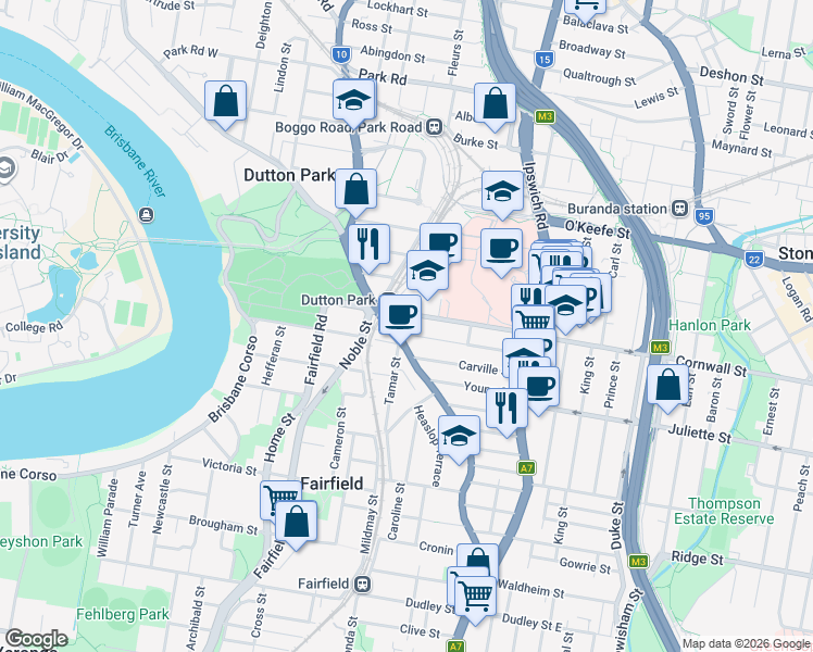 map of restaurants, bars, coffee shops, grocery stores, and more near 8 Rusk Street in Annerley