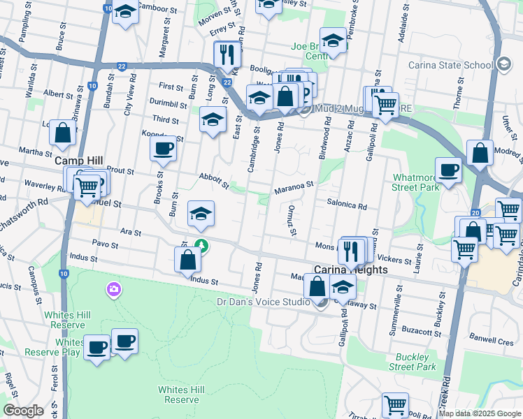 map of restaurants, bars, coffee shops, grocery stores, and more near 101 Jones Road in Carina Heights