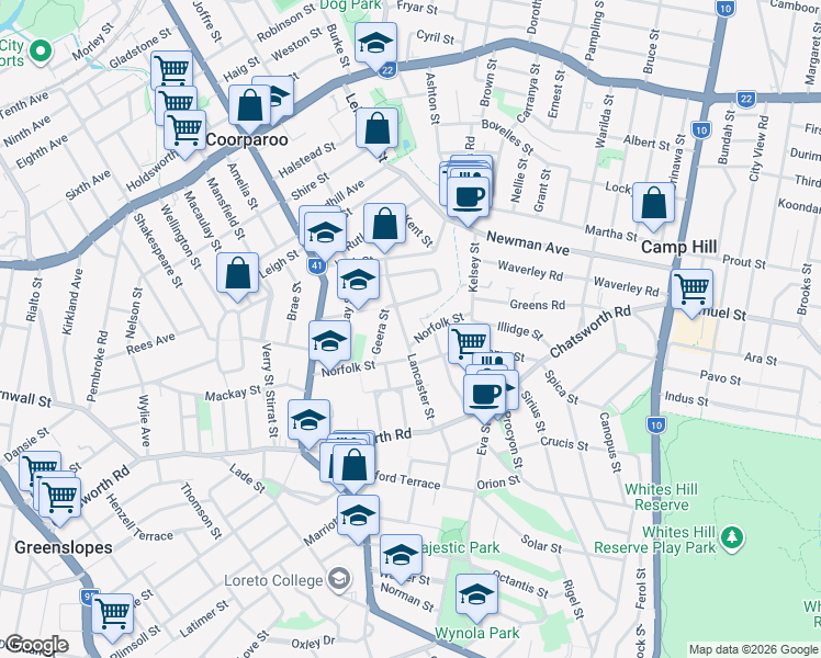 map of restaurants, bars, coffee shops, grocery stores, and more near 38 Lancaster Street in Coorparoo