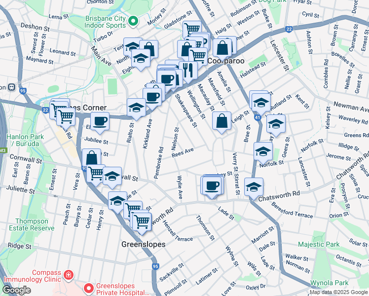map of restaurants, bars, coffee shops, grocery stores, and more near 3 Newton Street in Coorparoo