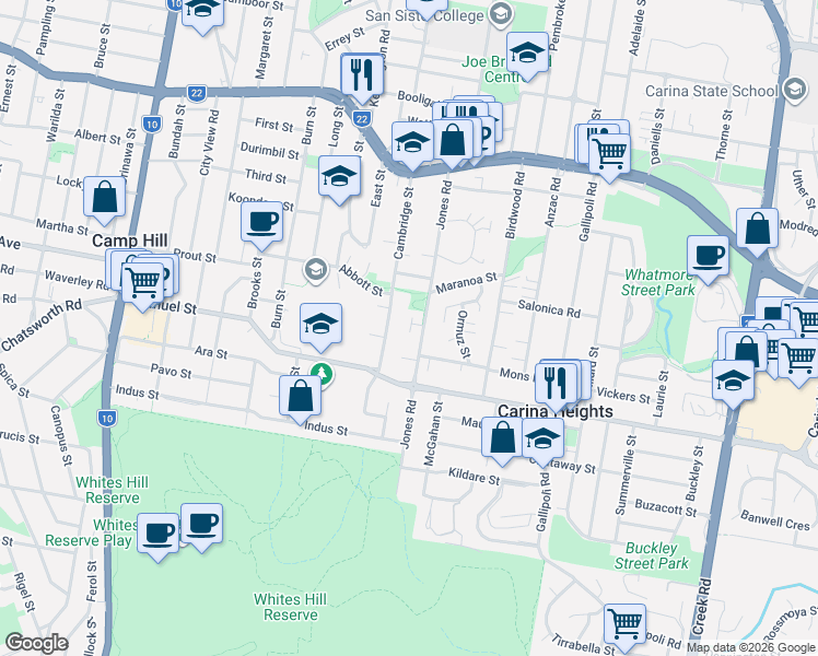 map of restaurants, bars, coffee shops, grocery stores, and more near 109 Jones Road in Carina Heights