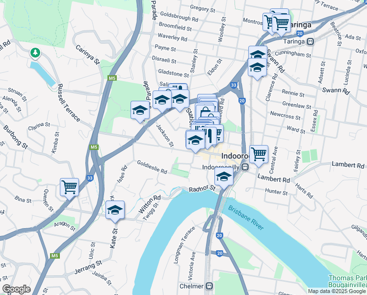 map of restaurants, bars, coffee shops, grocery stores, and more near 19 Finney Road in Indooroopilly