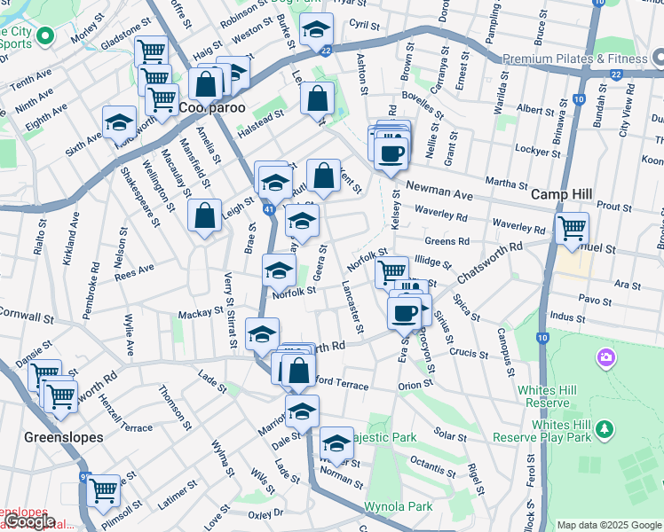 map of restaurants, bars, coffee shops, grocery stores, and more near 45 Lancaster Street in Coorparoo