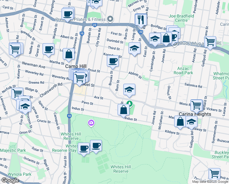 map of restaurants, bars, coffee shops, grocery stores, and more near 143 Burn Street in Camp Hill