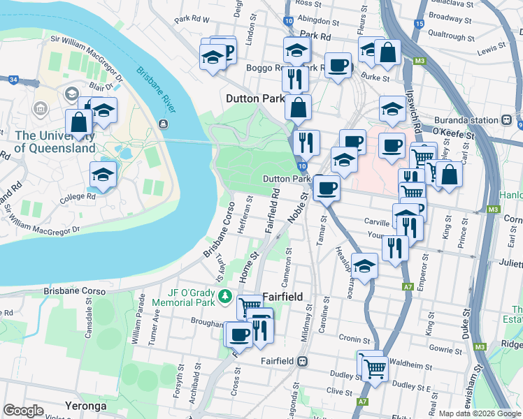 map of restaurants, bars, coffee shops, grocery stores, and more near 45 Fenton Street in Fairfield