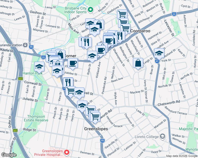 map of restaurants, bars, coffee shops, grocery stores, and more near 51 Kirkland Avenue in Coorparoo