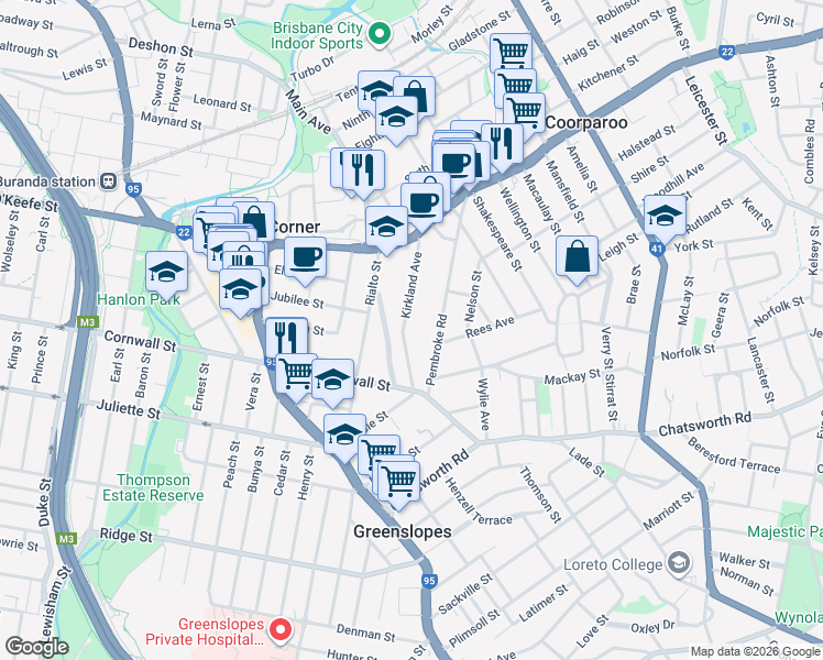 map of restaurants, bars, coffee shops, grocery stores, and more near 45 Kirkland Avenue in Coorparoo