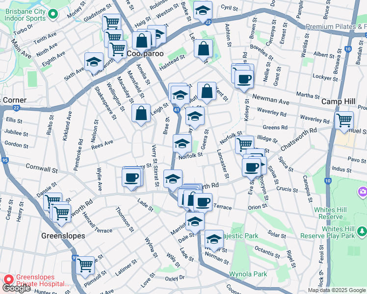 map of restaurants, bars, coffee shops, grocery stores, and more near 59 McLay Street in Coorparoo