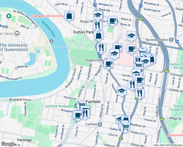 map of restaurants, bars, coffee shops, grocery stores, and more near 27 Fenton Street in Fairfield
