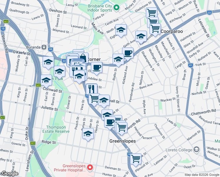 map of restaurants, bars, coffee shops, grocery stores, and more near 49 Rialto Street in Coorparoo