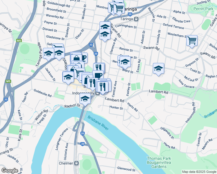 map of restaurants, bars, coffee shops, grocery stores, and more near 146 Clarence Road in Indooroopilly