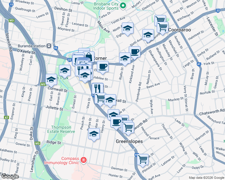 map of restaurants, bars, coffee shops, grocery stores, and more near 57 Gordon Street in Greenslopes
