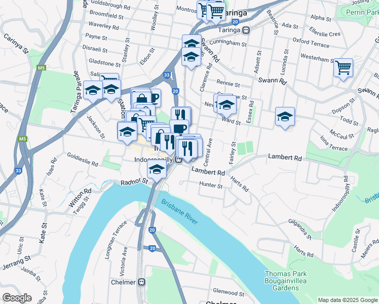 map of restaurants, bars, coffee shops, grocery stores, and more near 149 Clarence Road in Indooroopilly
