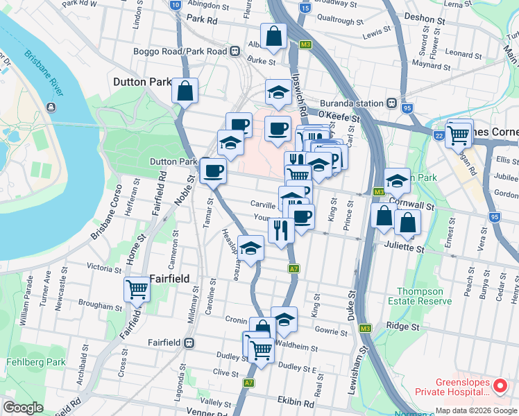 map of restaurants, bars, coffee shops, grocery stores, and more near 43 Carville Street in Annerley
