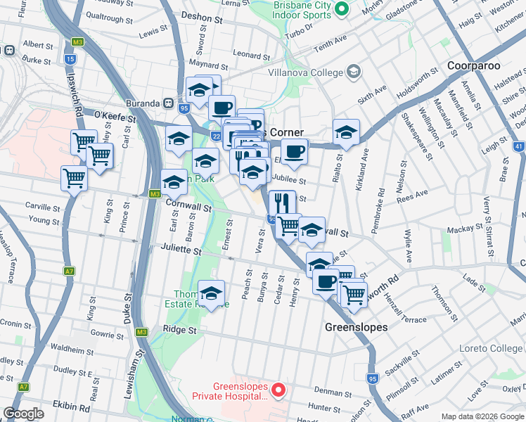 map of restaurants, bars, coffee shops, grocery stores, and more near 455 Logan Road in Stones Corner