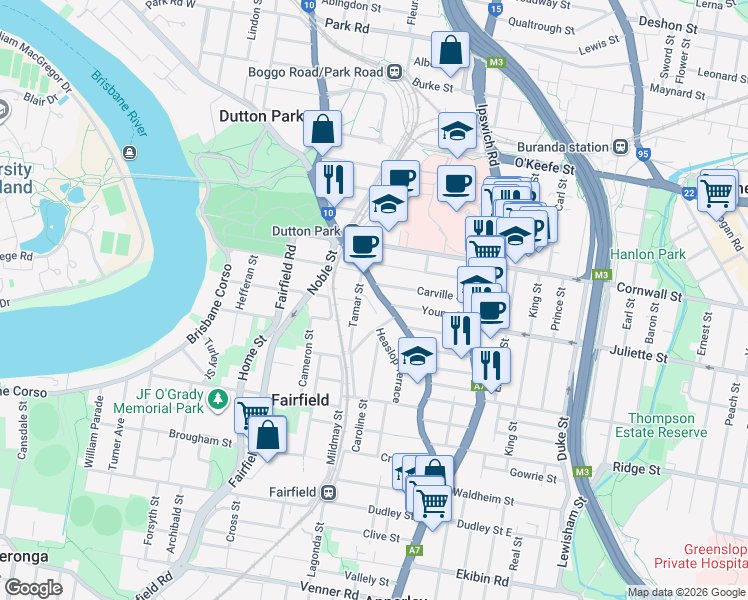 map of restaurants, bars, coffee shops, grocery stores, and more near 281 Annerley Road in Annerley