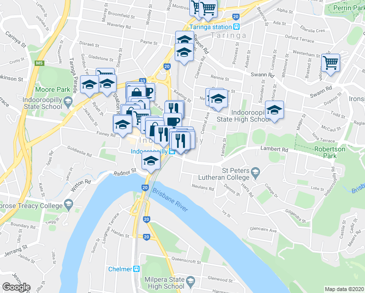 map of restaurants, bars, coffee shops, grocery stores, and more near 153 Clarence Road in Indooroopilly