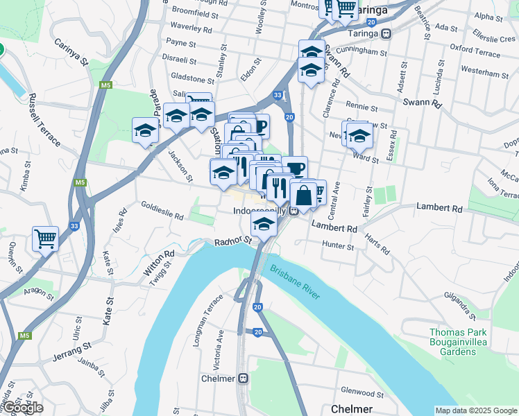 map of restaurants, bars, coffee shops, grocery stores, and more near 15 Riverview Terrace in Indooroopilly