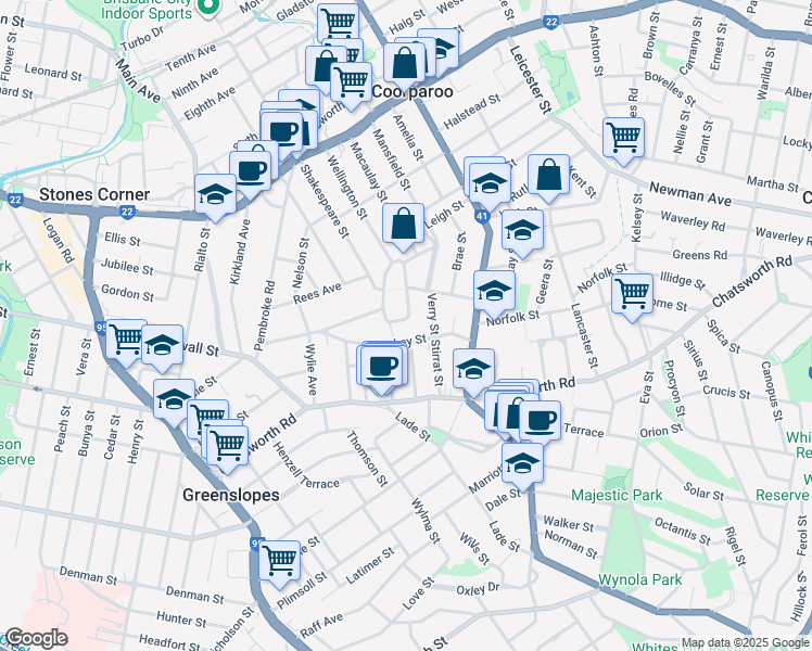 map of restaurants, bars, coffee shops, grocery stores, and more near 11 Howard Street in Coorparoo