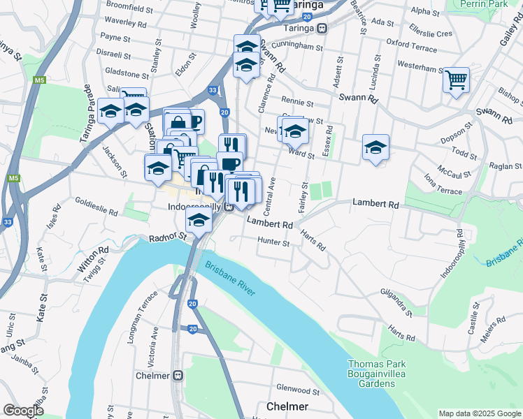 map of restaurants, bars, coffee shops, grocery stores, and more near 155 Central Avenue in Indooroopilly