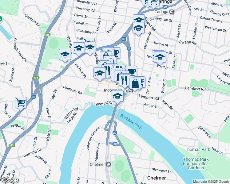 map of restaurants, bars, coffee shops, grocery stores, and more near 21 Riverview Terrace in Indooroopilly