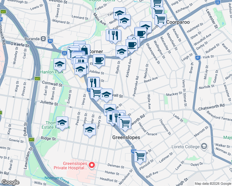 map of restaurants, bars, coffee shops, grocery stores, and more near 338 Cornwall Street in Greenslopes