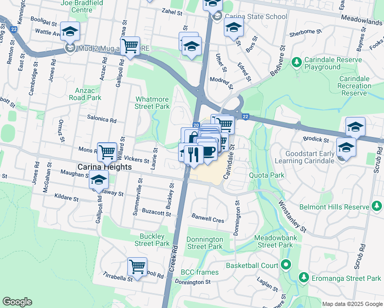 map of restaurants, bars, coffee shops, grocery stores, and more near in Carindale