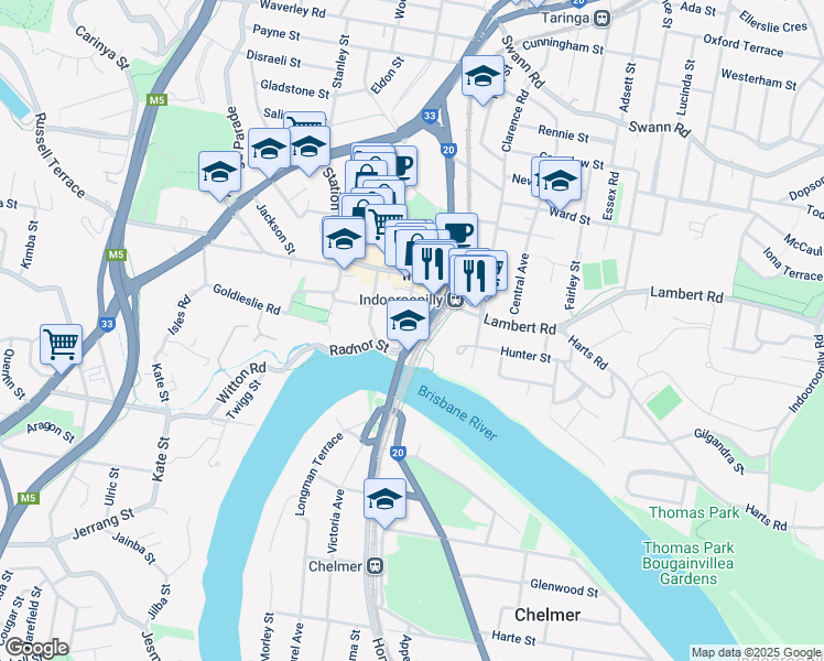 map of restaurants, bars, coffee shops, grocery stores, and more near 30 Riverview Terrace in Indooroopilly