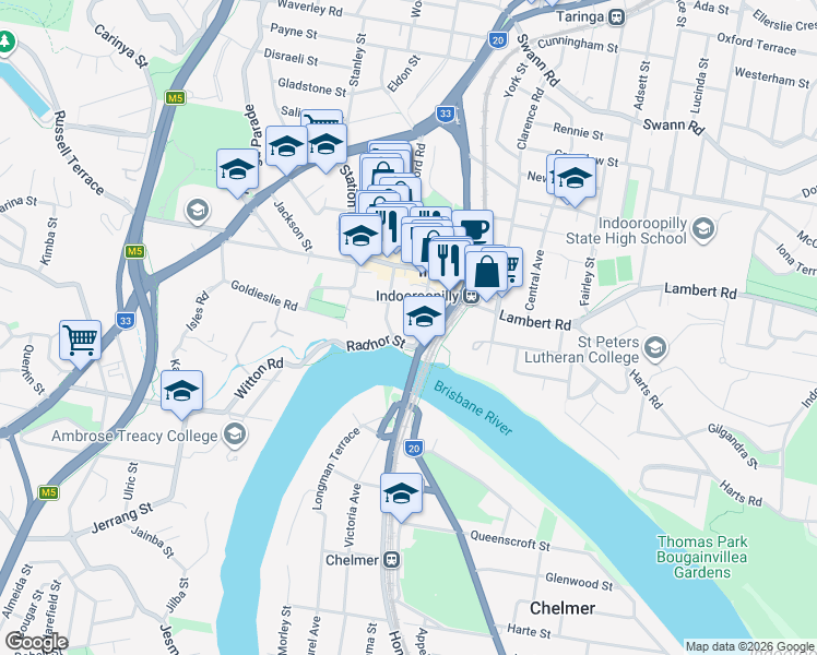 map of restaurants, bars, coffee shops, grocery stores, and more near 41 Riverview Terrace in Indooroopilly