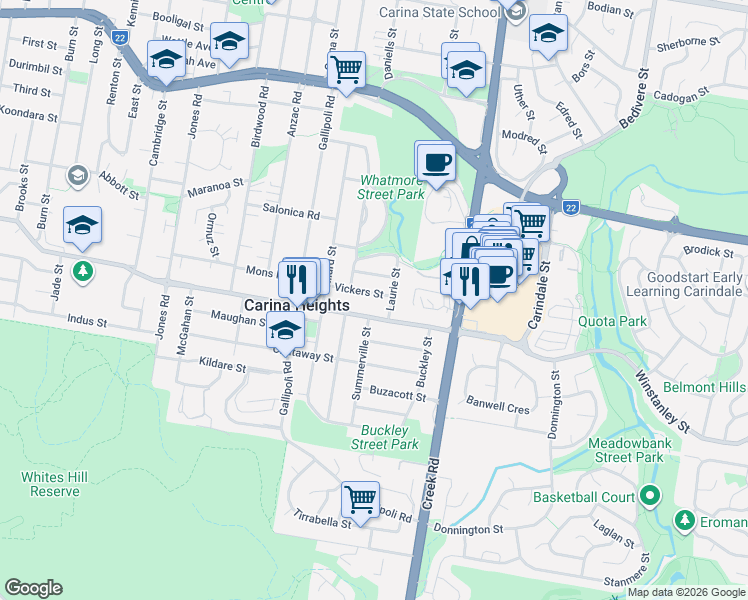 map of restaurants, bars, coffee shops, grocery stores, and more near 47 Vickers Street in Carina Heights