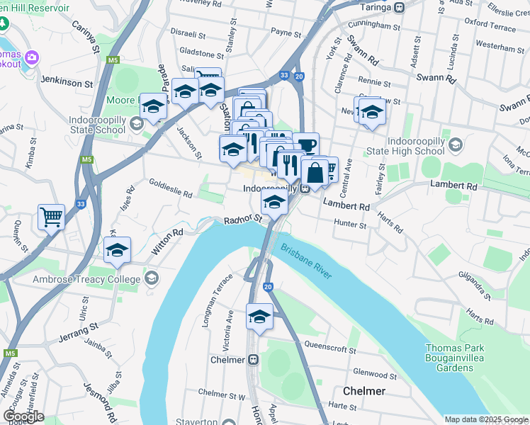 map of restaurants, bars, coffee shops, grocery stores, and more near 45 Riverview Terrace in Indooroopilly