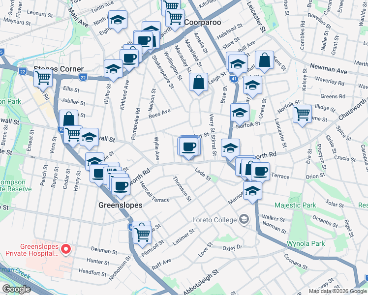 map of restaurants, bars, coffee shops, grocery stores, and more near 26 Kenneth Street in Coorparoo