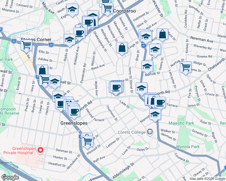 map of restaurants, bars, coffee shops, grocery stores, and more near 26 Kenneth Street in Coorparoo