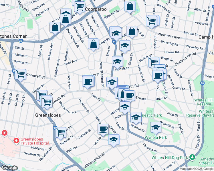 map of restaurants, bars, coffee shops, grocery stores, and more near 339 Cavendish Road in Coorparoo
