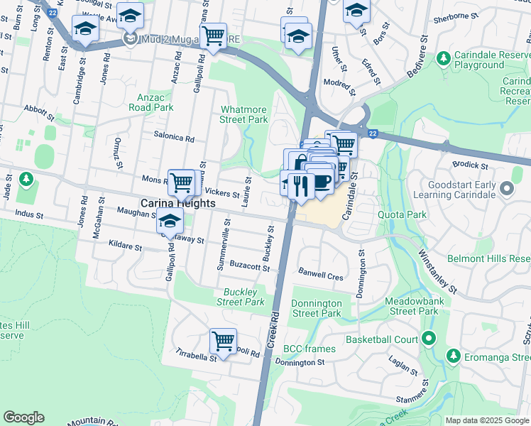 map of restaurants, bars, coffee shops, grocery stores, and more near 228 Winstanley Street in Carina Heights