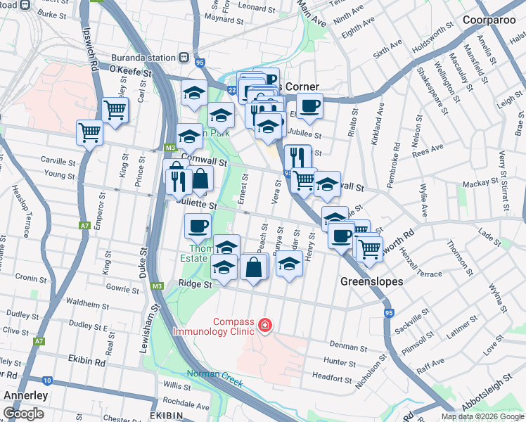 map of restaurants, bars, coffee shops, grocery stores, and more near 162 Juliette Street in Greenslopes