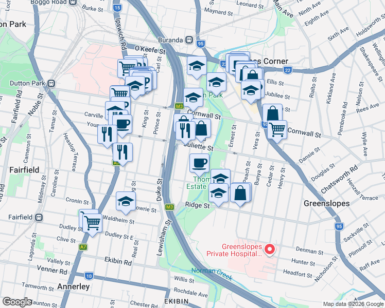 map of restaurants, bars, coffee shops, grocery stores, and more near 58 Earl Street in Greenslopes