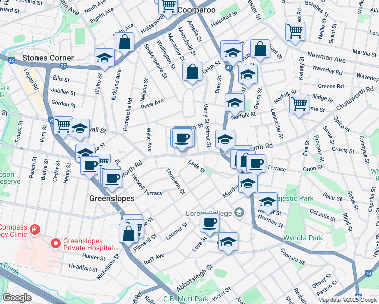 map of restaurants, bars, coffee shops, grocery stores, and more near 154 Chatsworth Road in Coorparoo