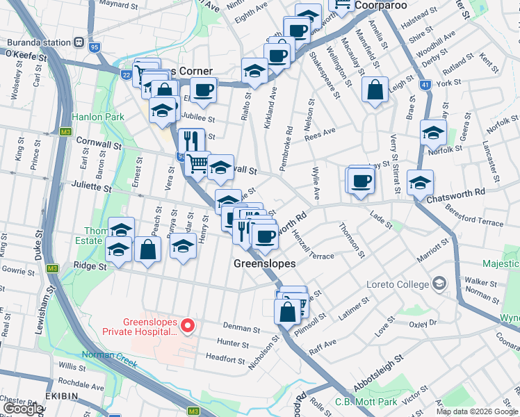 map of restaurants, bars, coffee shops, grocery stores, and more near 44 Douglas Street in Greenslopes