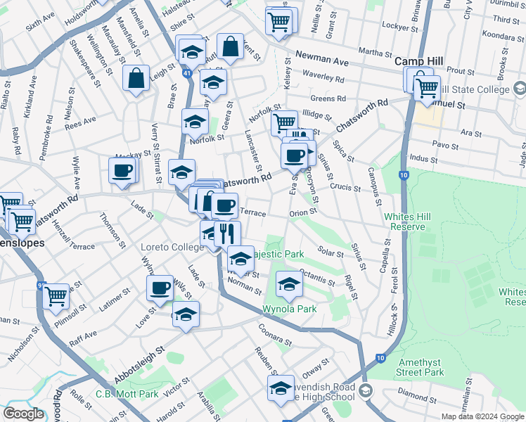 map of restaurants, bars, coffee shops, grocery stores, and more near 58 Beresford Terrace in Coorparoo