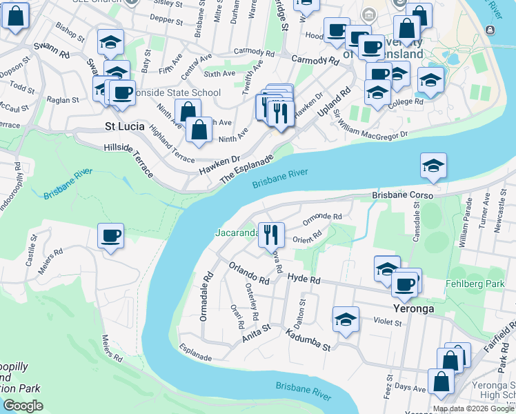 map of restaurants, bars, coffee shops, grocery stores, and more near 397 Brisbane Corso in Yeronga