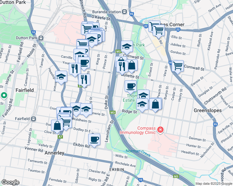 map of restaurants, bars, coffee shops, grocery stores, and more near 74 Marquis Street in Greenslopes