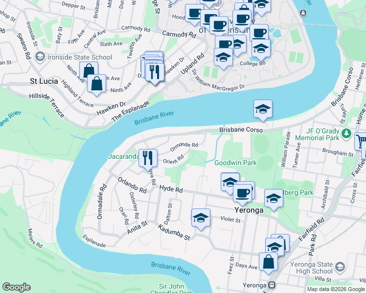 map of restaurants, bars, coffee shops, grocery stores, and more near 39 Ormonde Road in Yeronga