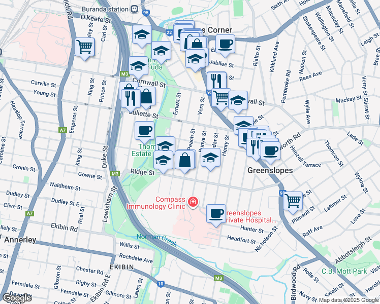map of restaurants, bars, coffee shops, grocery stores, and more near 38 Peach Street in Greenslopes