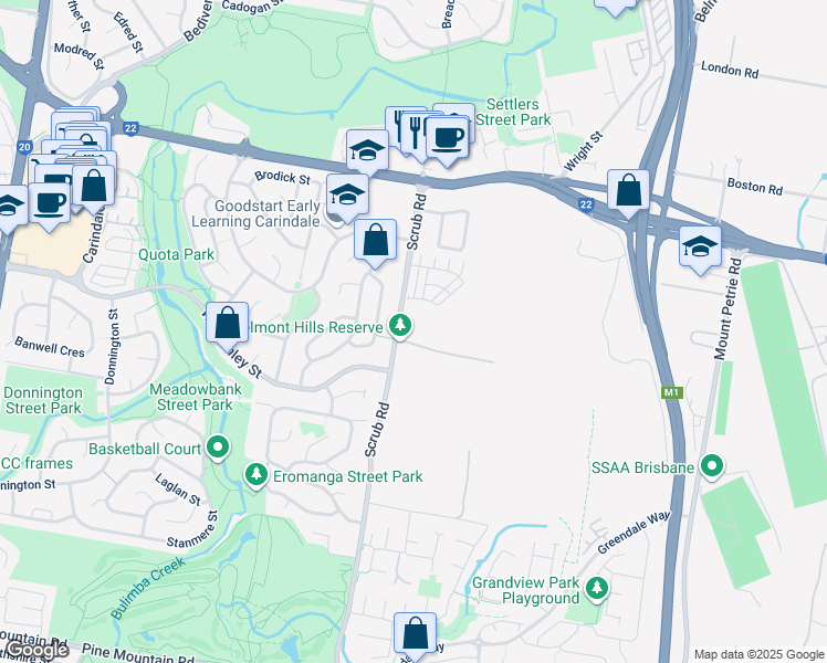 map of restaurants, bars, coffee shops, grocery stores, and more near 132 Scrub Road in Carindale