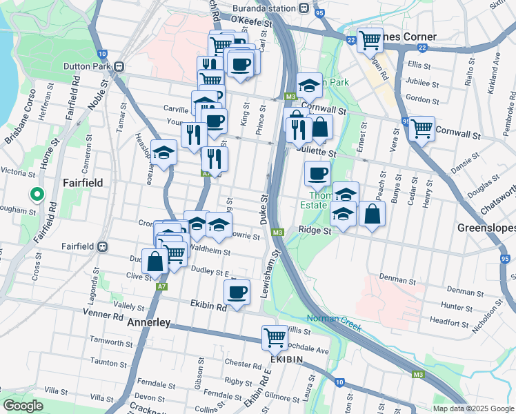 map of restaurants, bars, coffee shops, grocery stores, and more near 49 Clydesdale Avenue in Annerley