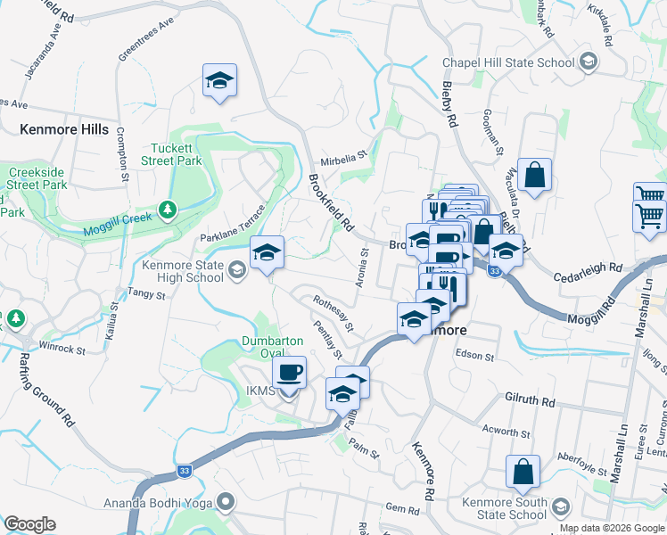 map of restaurants, bars, coffee shops, grocery stores, and more near 10 Caber Street in Kenmore